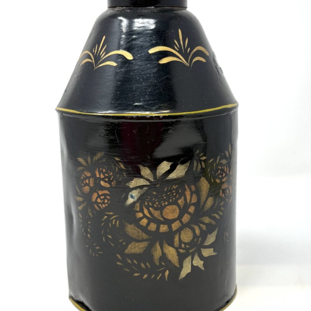 Antique Black And Gold Toleware Tea Caddy Canister 1851 Victorian